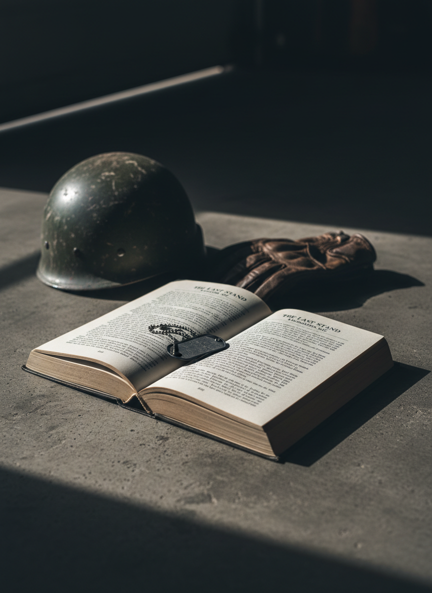 An open novel from The Last Stand Marauders MC series lies flat on a rough, oil-stained concrete floor, its cream pages filled with dense, unreadable lines of text. Around it, symbolic props form a silent narrative: a battered combat helmet, a folded leather riding glove, and a tarnished dog tag resting across the inner gutter. Cool, diffused light filters from an unseen garage door, casting long, moody shadows and catching faint metallic reflections. Photographic realism, shot from a slightly elevated three-quarter angle, uses rule-of-thirds composition to center the book while the surrounding objects blur gently, creating an atmosphere of hard-won loyalty and family forged in war.
