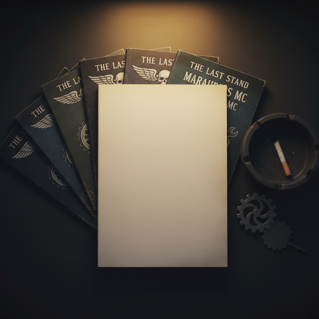 A close-up, photographic image of a notebook-sized manuscript labeled only by a simple, blank cover, resting atop a spread of The Last Stand Marauders MC series paperbacks fanned like a deck of cards. The paperbacks’ edges are slightly frayed, their dark, muted covers showing faint symbols of wheels, wings, and skulls without legible text. A ceramic ashtray with a single extinguished cigarette and a cold metal key fob shaped like a gear rest nearby. Dim, warm lamplight pools over the scene, leaving the fringes in soft shadow. Shot from overhead with balanced composition and moderate depth of field, the mood is introspective and sophisticated, suggesting the craft and legacy behind this gritty MC family saga.
