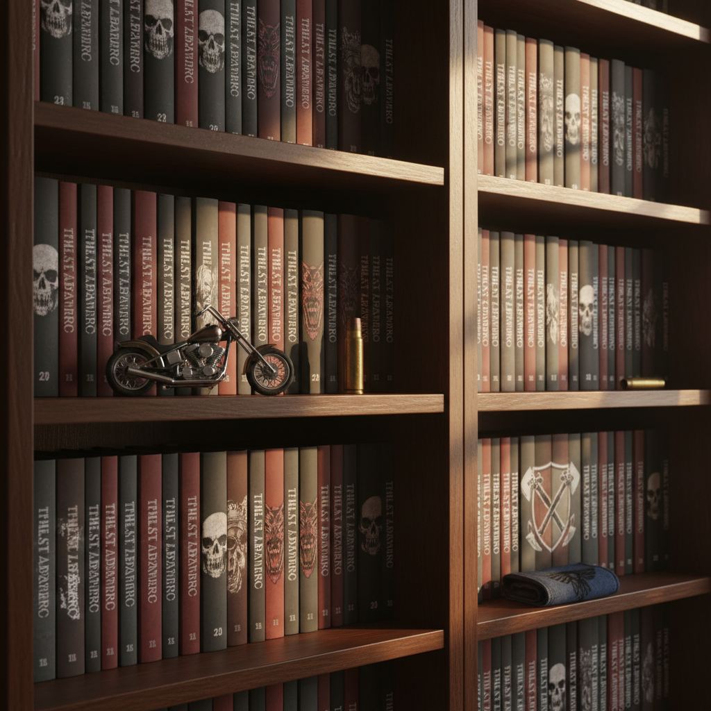 A dark, polished wood bookshelf filled with The Last Stand Marauders MC series, each volume identical in height but varied in spine design, featuring subtle dark reds, gunmetal grays, and muted bone-white graphics. Between the rows of books sit small, symbolic objects: a miniature metal motorcycle model, a single spent brass shell casing, and a neatly folded strip of denim. Soft, late-afternoon window light falls across the shelves, creating layered streaks of shadow and highlight. Captured in photographic realism from a slightly low angle, the composition uses deep depth of field so every detail is crisp, projecting a sophisticated, curated library that hints at gritty MC fiction, loyalty, and chosen family.